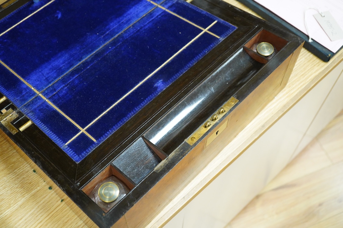 A large Victorian burr walnut writing box with gilt metal mounts and banding, 40cm wide